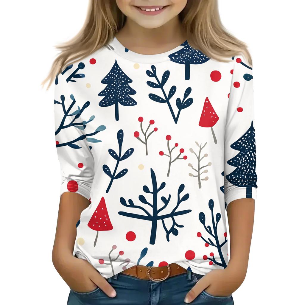 Christmas Day Print Tops For Youth Girls 5-16 Years Round Neck 3/4 Sleeves T-Shirts Trendy Tops Outfit Tees