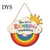 Cute Nursery Wall Art Boho Rainbow Sun Welcome Door Sign, Hanging Plaque Sign Solid Wood Decor with Inspirational Quote, Colorful Hanger for Bedroom,