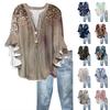 Women's Fashion Casual Button V-Neck Seven Sleeve Vintage Printed Shirt Top