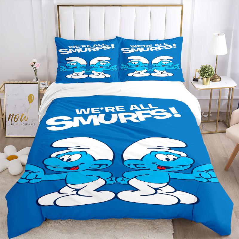 We'Re All Smurfs Print 3Pcs Bedding Setduvet Cover With 2 Bedropillowcase Home Birthday Gift