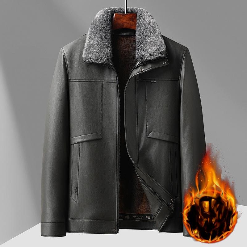 Winter Neue Herren Lederjacke Business Casual Stehkragen Plus Samt Verdickt Abnehmbares Fellfutter Papa Lederjacke