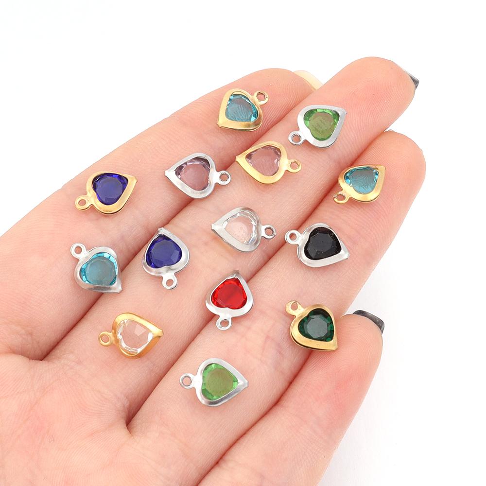 10pcs/lot Color Heart Crystal Charms Stainless Steel Edged Pendants for DIY Necklace Earring Bracelet Jewelry Making Accessories