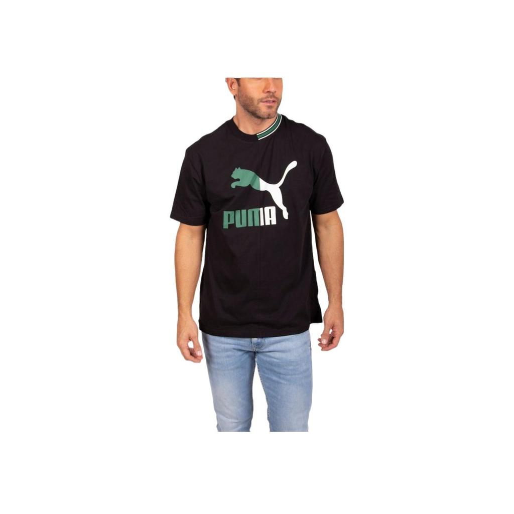 Puma Logo Buchdruck Muster Rundhals Kurzarm T-Shirt Herren Oberteile Schwarz 538296-01
