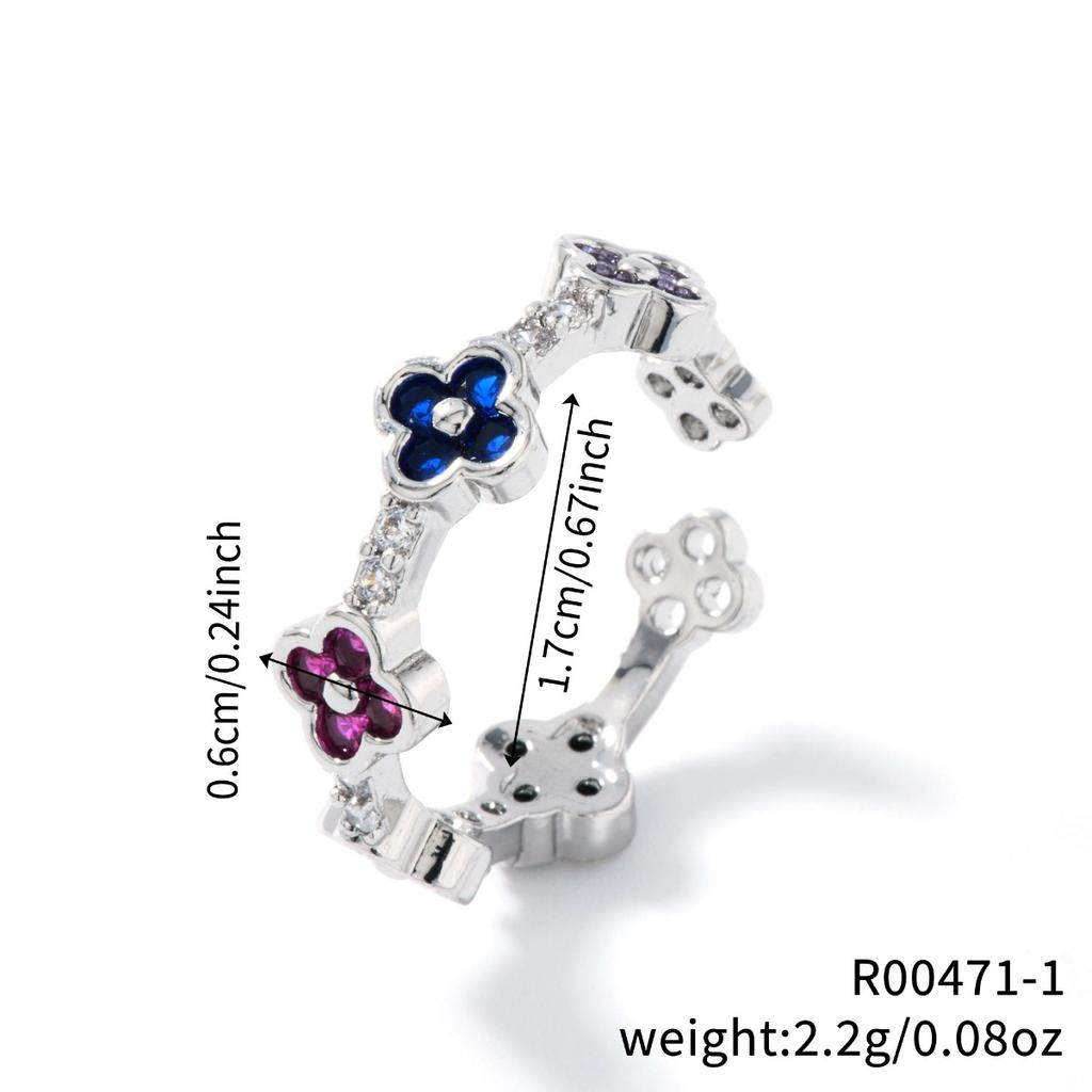 New Light Luxury Temperament Small Flowers Open Ring Atmosphere Sense Of Colour Zirconia Four-Leaf Flower Ring Four-Leaf Clover Ring