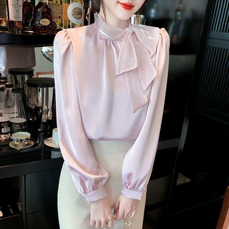 Women's French Bow Chiffon Blouse - Elegant Long Sleeve Top for Spring and Autumn.