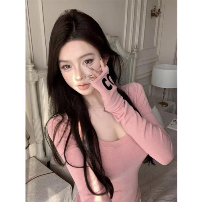 Women's Slim-Fit Velvet Shoulder T-Shirt - Autumn/Winter Long-Sleeve Chic Top