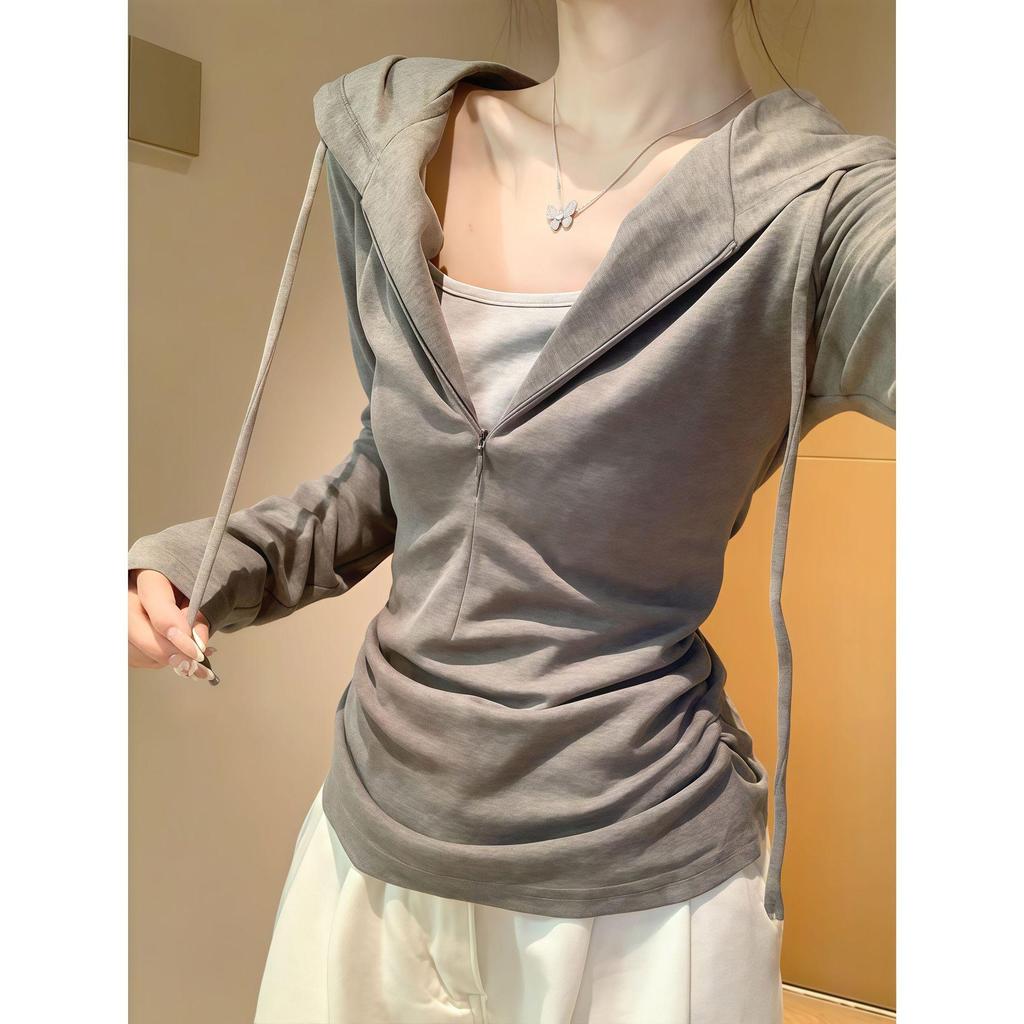 Women's Korean-Style Grey Two-Piece Look Hooded Cropped Long-Sleeve T-Shirt with Slim Fit Fleece Inner Layer for Spring/Autumn