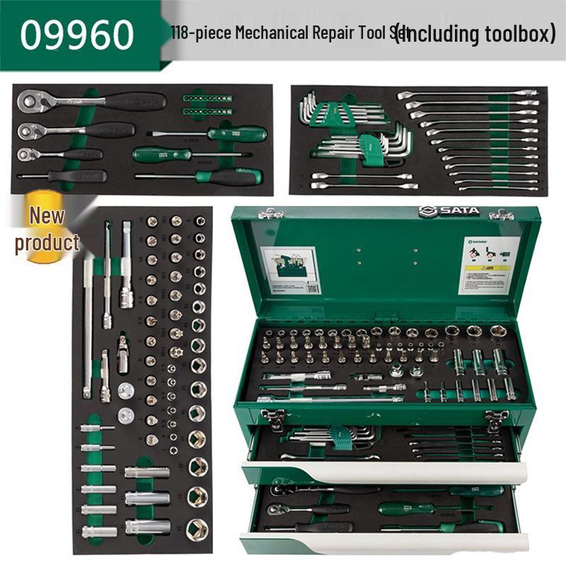 SATA Shida 118-Piece Lithium Battery Tool Set with Two-Drawer Metal Box