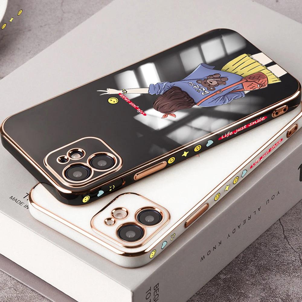 Cartoon Lovely Girl Plating Phone Case for iPhone 11 13 15 Samsung Galaxy A52 Xiaomi Redmi 12C Note 10 Pro Oneplus Soft Smartphone Cover Cases