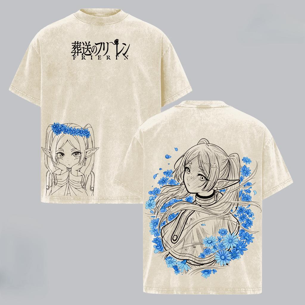 Frieren Anime T-shirt Harajuku Short Sleeve Tshirt For Men's Clothing Vintage Washed Oversized T Shirt Casual Cotton Tees Tops