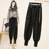 Women Casual Pants Large Size Warm Bundle Feet Pocket Elastic Waist Korean Style Chic Simple Harem Pants