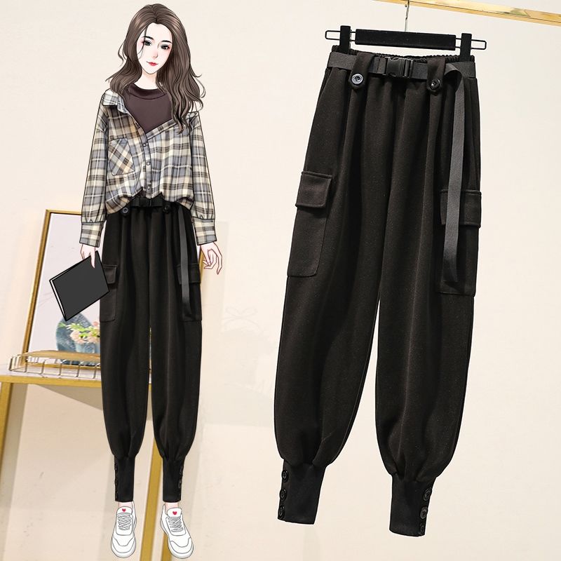 Women Casual Pants Large Size Warm Bundle Feet Pocket Elastic Waist Korean Style Chic Simple Harem Pants