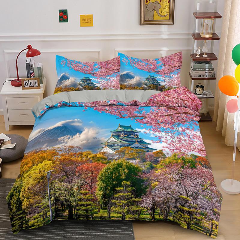 Plum Blossom Duvet Cover Set King Pink Flower Quilt Cover For Girls Microfiber Branches Printed Japanese Ink Style Bedding Set