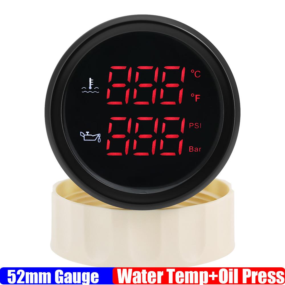 Red LED Digital 52mm Water Temperature+Oil Press Meter 10BAR 145PSI 2 IN 1 Dual Gauge with Flashing Alarm for Car Marine 12V 24V