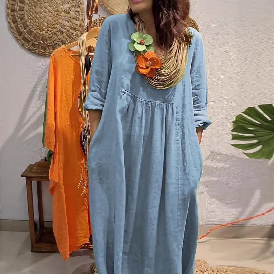 Green Loose Fit Long Dress with Pockets, Casual Flowy Maxi Dress In Multiple Colors