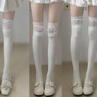 Mu Ruan Lolita Lace Knee-High Socks with Blue Ribbon Bow