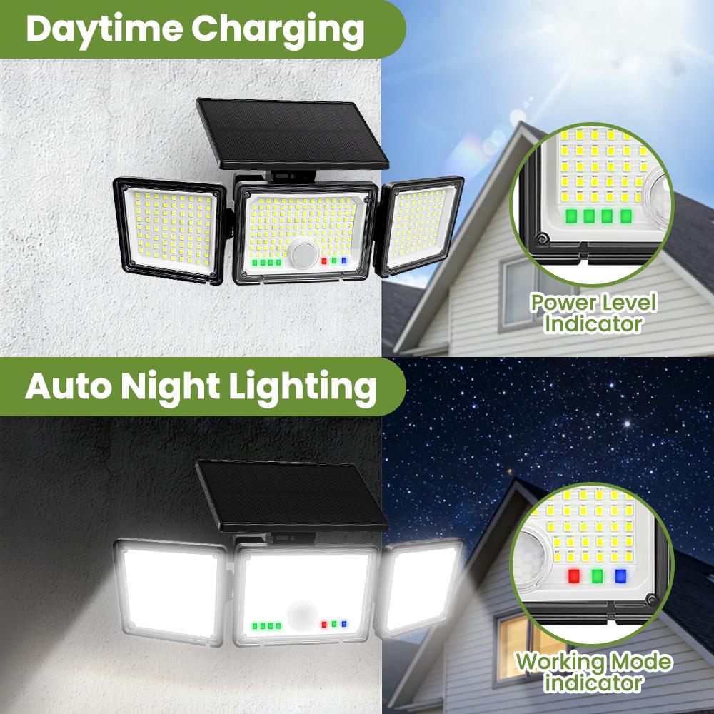 Solar Lights Outdoor 3 Heads Motion Sensor 286/236LED Security Flood Lights Waterproof 3 Modes Wall Lamp for Garden Patio Yard