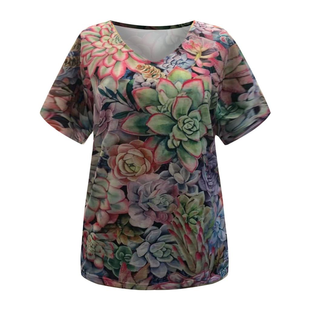 Women Tie-dye  Floral  Printed Colorful  Short Sleeve V Neck  Blouse Tops
