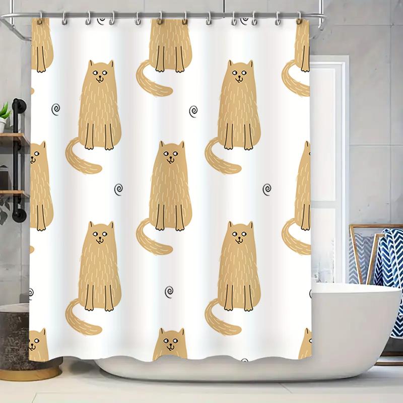 

Adorable Brown Cat Shower Curtain Set For Bathroom Decor Cute Animal Print Home Supplies Available In Multiple Sizes W60H190(CM)-1 Pcs