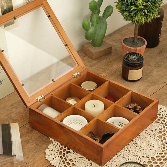 Boîte de Rangement en Bois à 9 Compartiments Boîte de Collection de Roches avec Couvercle en Acrylique Transparent Étui de Rangement Rétro pour Bijoux Cristaux et Petits Objets de Collection