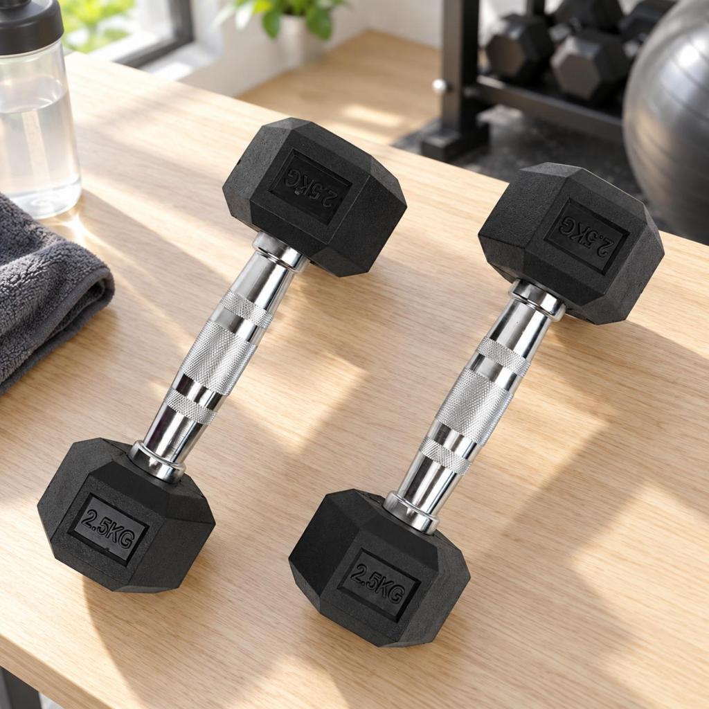 2 Pieces Rubber Coated Hex Dumbbell NonRolling Cast Iron NonSlip for Home Gym, FullBody