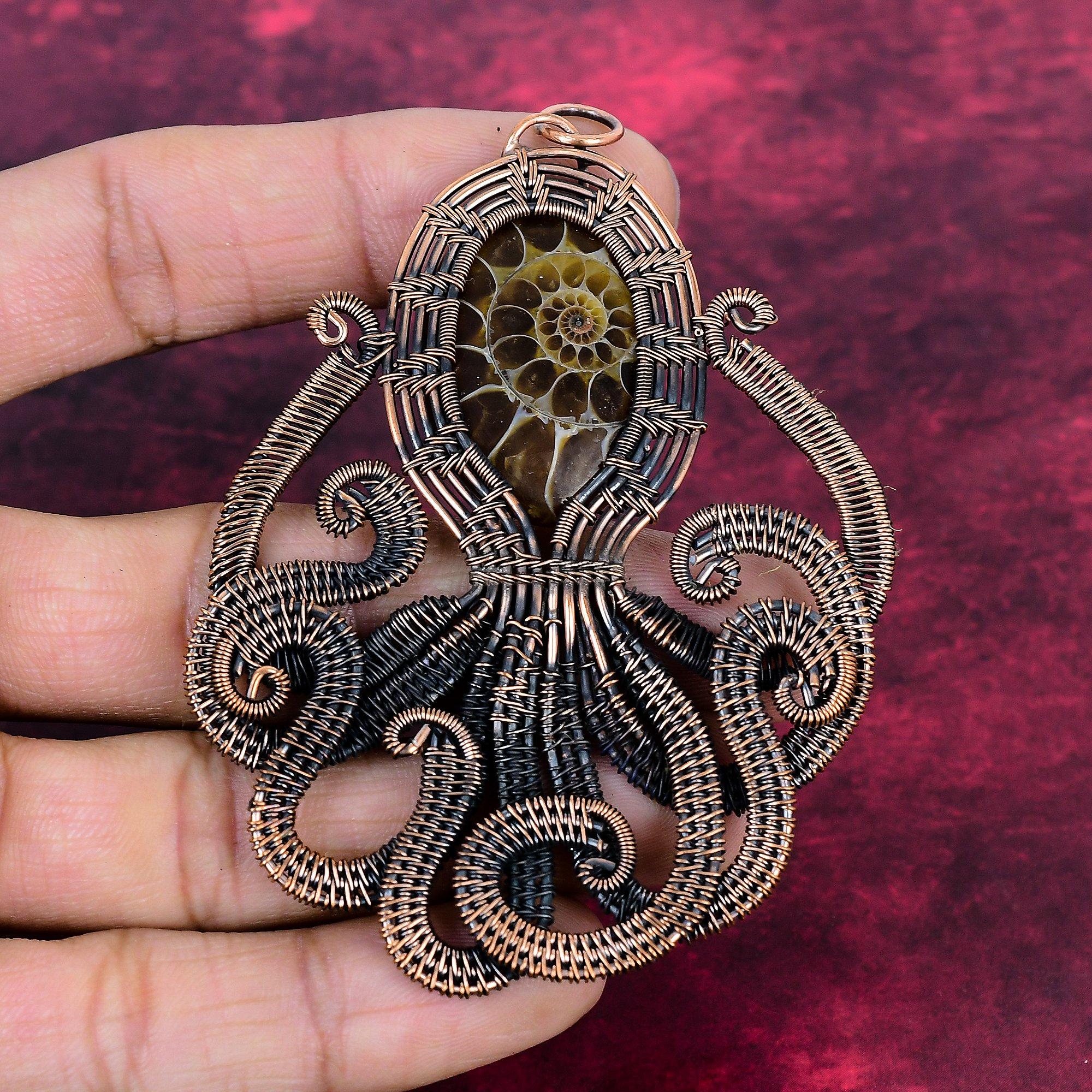 Ammonite Fossil Gemstone Pendant Octopus Pendant Copper Wire Wrapped Jewelry