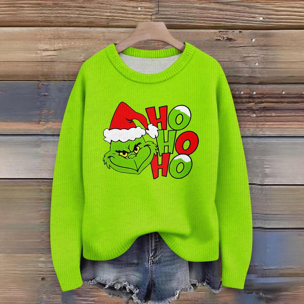 Long Sleeve Pullover Sweaters For Women O Neck Casual Cute Printing Knit Oversized Sweater