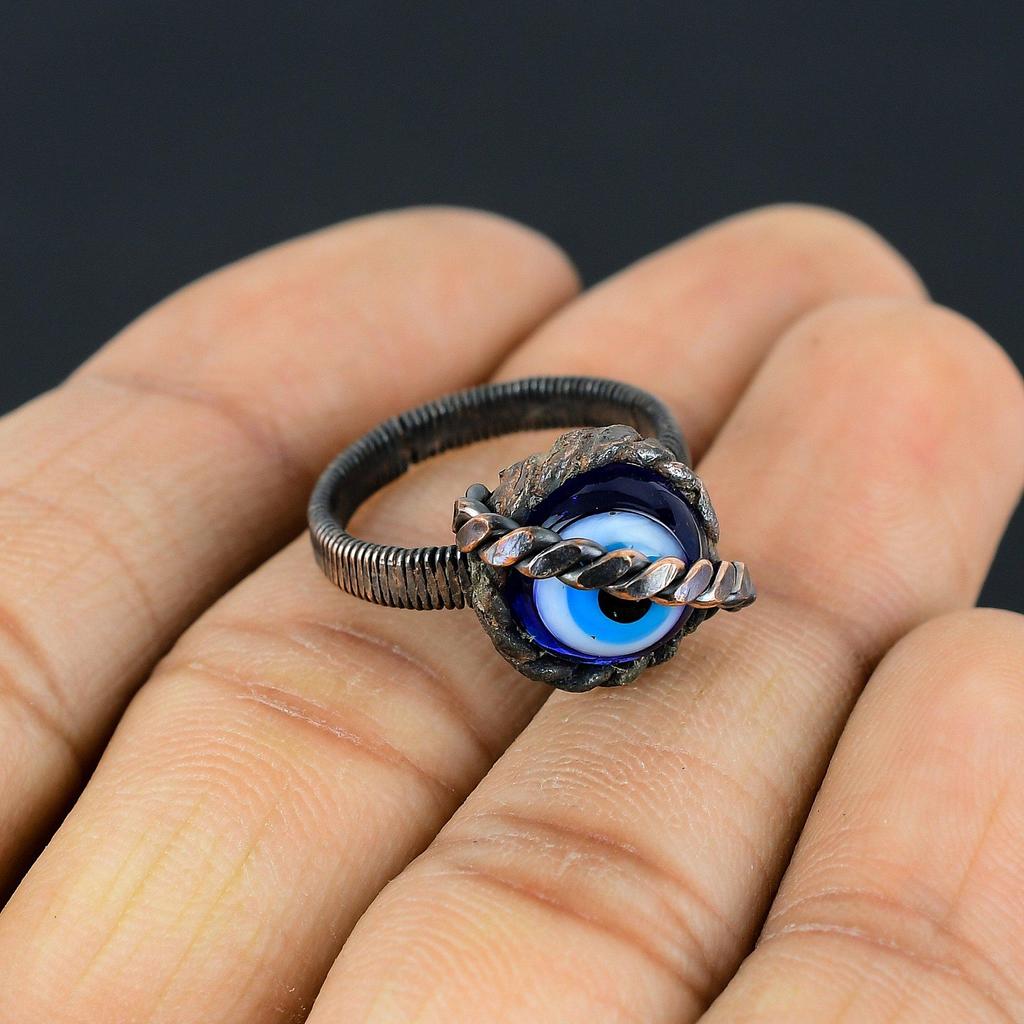 Blauer Evil Eye Edelstein Kupferdraht gewickelt handgefertigter Schmuckring für Sie alle Größen