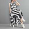 Echter Spot Sommer Neu Schwarz-Weiß Gestreift Mittel und Lang Ärmellos Locker Altersreduzierend A-förmiger Rock Übergröße Kleid