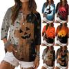 Women Casual V Neck Button Three Quarter Sleeve T Shirt Linen Blend Halloween Print Top Lightweight Comfortable Fit