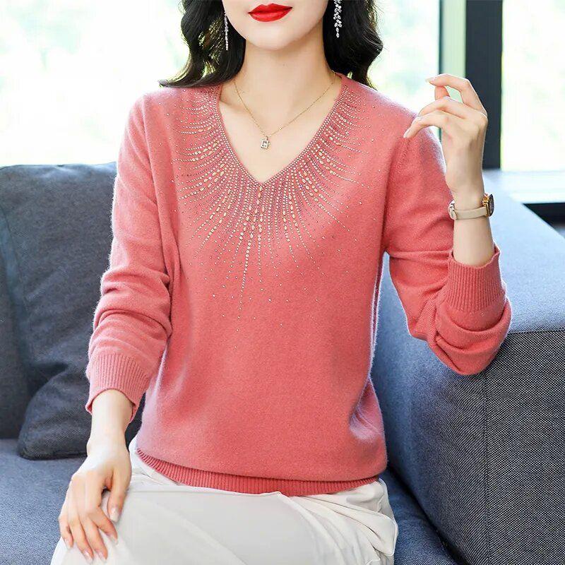 Autumn Women's Plus Size Sweater Loose V-neck Knitwear Rhinestone Pullover Knit Top Stretch Jumper