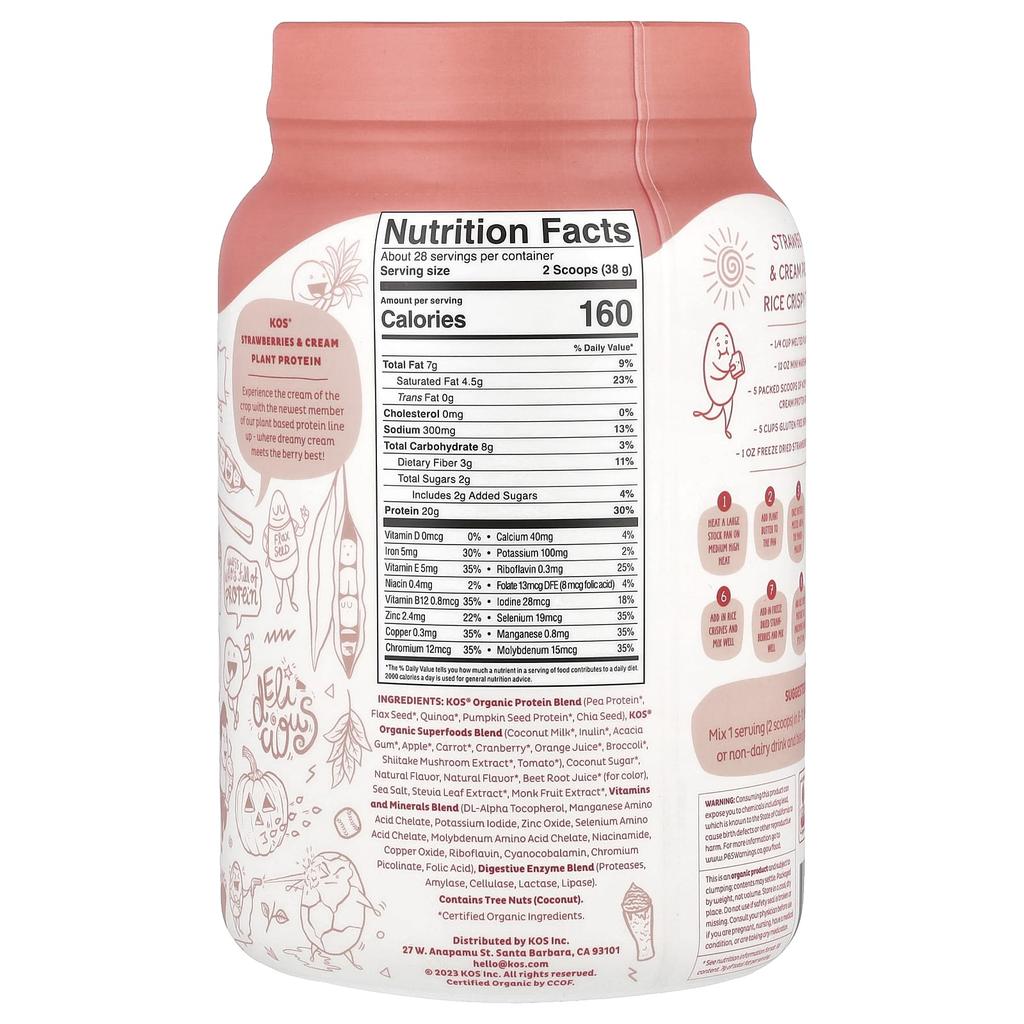 Organic Superfood Plant Protein Powder, Strawberries & Cream, 1,064G (2.34Lb)