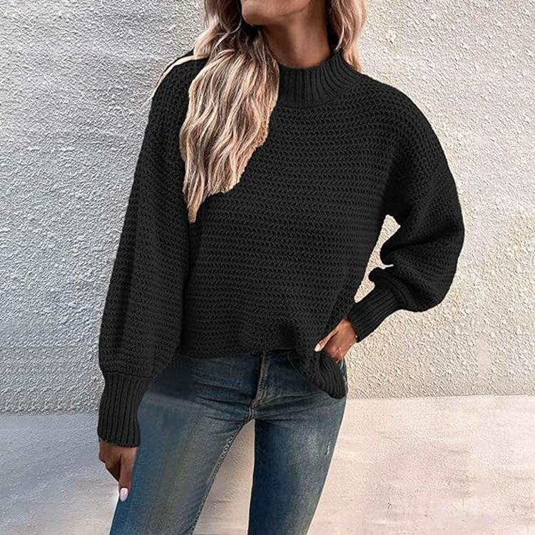 Women Warm Knitted Sweater Round Neck Pullover Jumpers Long Sleeve High Collar Knit Sweaters Tops Outerwear