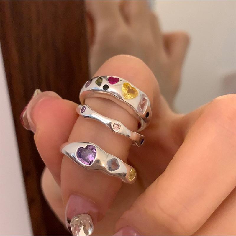 Women's French Retro Romantic Colorful Heart Zircon Adjustable Ring