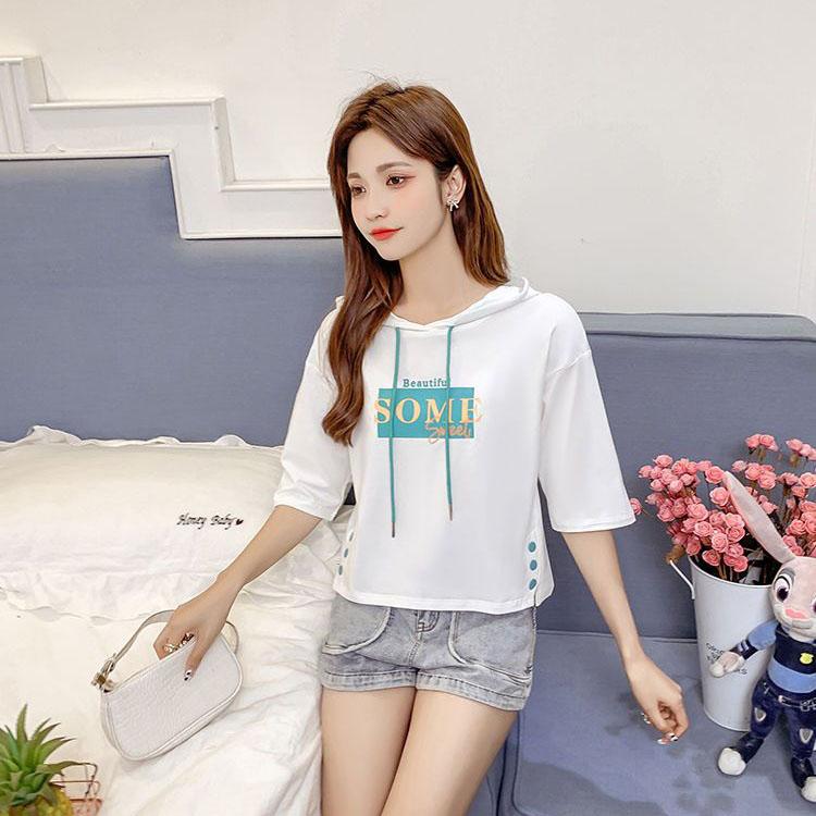Short Sleeve 7 / 3 Sleeve Hooded Sweater Women's Middle Sleeve Spring and Summer Korean Loose Hooded Top