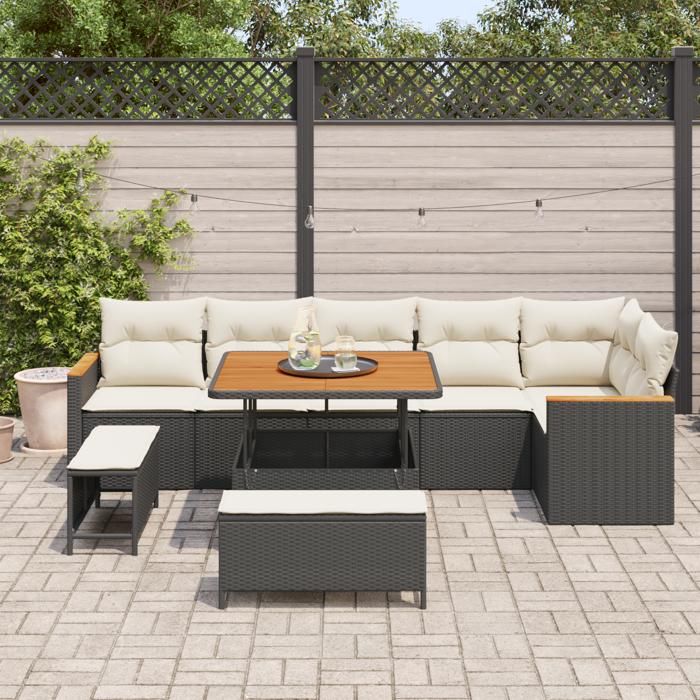 Ensemble de canapé de jardin 9 pièces avec coussins noir poly rattan acacia 3365005