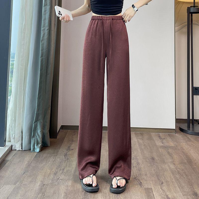 

Женские брюки сатин с высокой посадкой и широкими штанинами - Легкие, длиной до пола, повседневный летний стиль (2025) 2XL вино красного