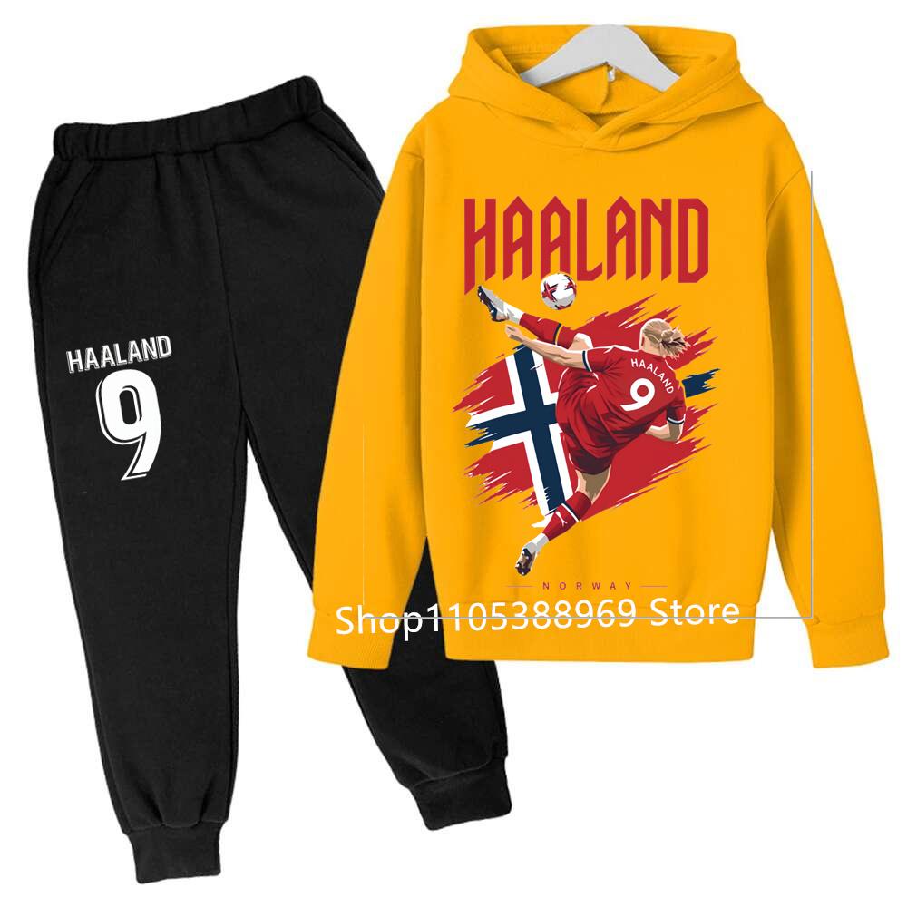 Boys Haaland Cartoon Football Tracksuit 2 Piece Hoodie and Jogger Pants Set Kids Graphic Print Sport Outfit
