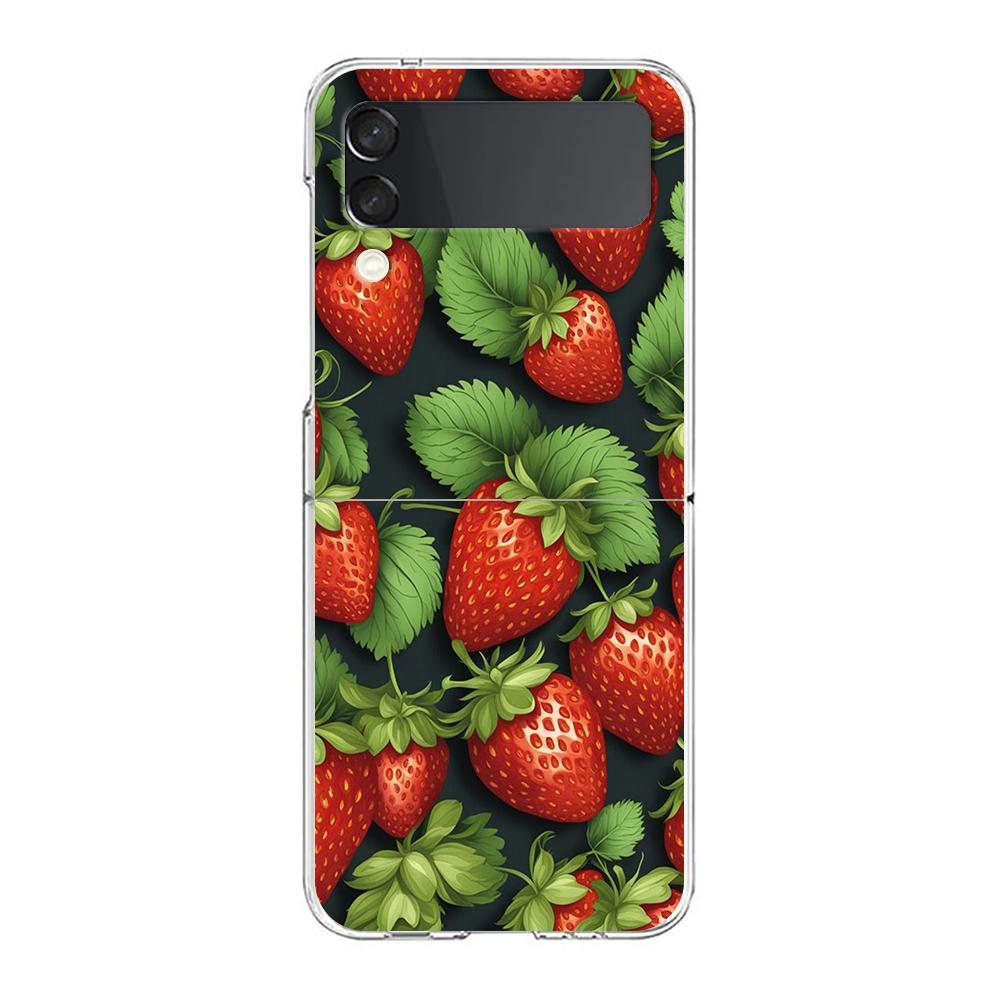 Transparent Phone Case For Samsung Galaxy Z Flip 3 4 5 6 7 Hard Folding PC Z Flip3 Flip4 Cover Summer Strawberry Flowers Print