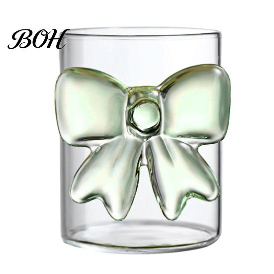 Durable Glass Tea Cup Bow Cup, Breakfast Milk Coffee Mug, 300ml Whiskey Tumbler for Large Capacity Juice, Heat Resistant Home Bar Decor Gift Women