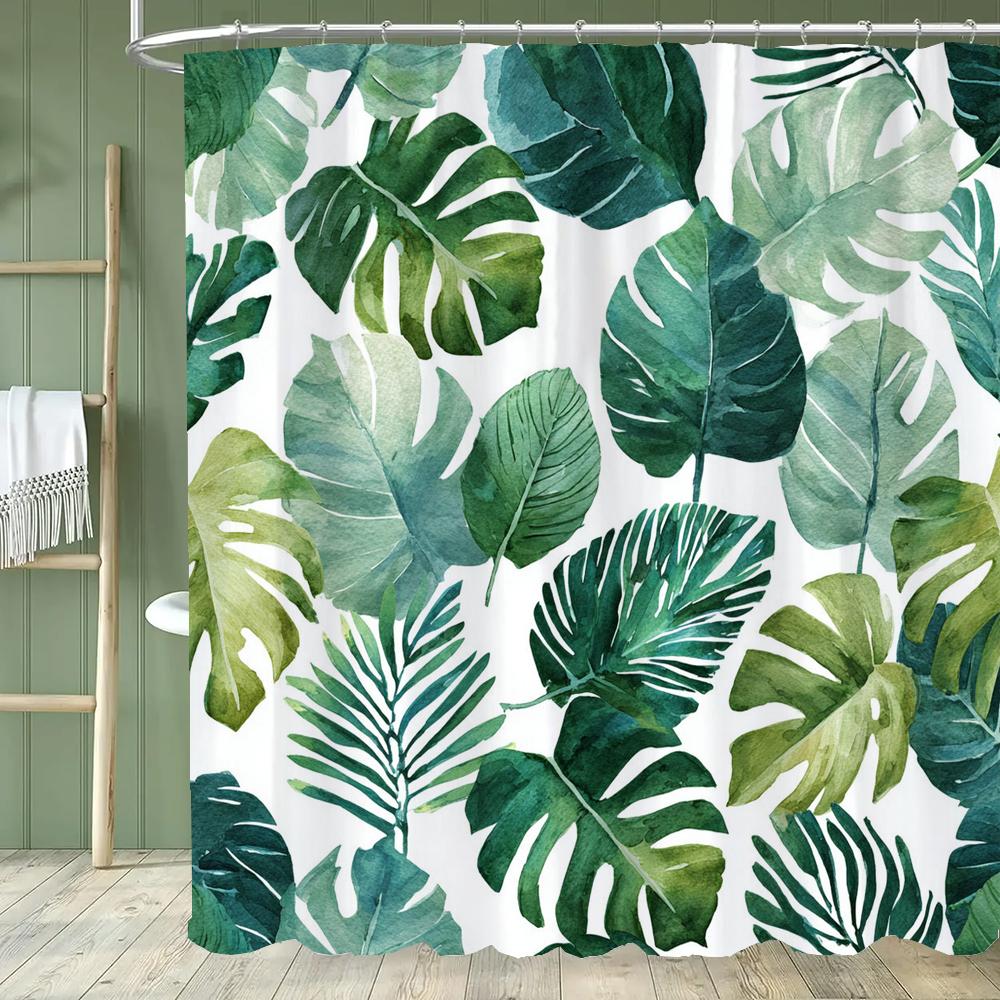 Smaragdgrüner Blatt-Duschvorhang, Moderner Abstrakter Palmenblatt-Tropischer Monstera-Badezimmervorhang Heimdekoration Mit Haken