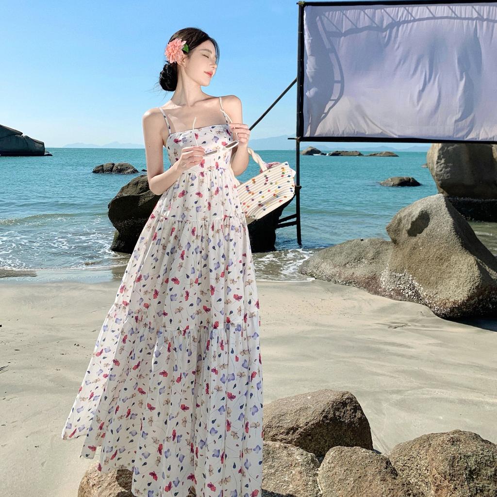Temperament French Retro Suspender Photo Dress Waist and Thin Travel Wear Sanya Seaside Vacation Beach Dress