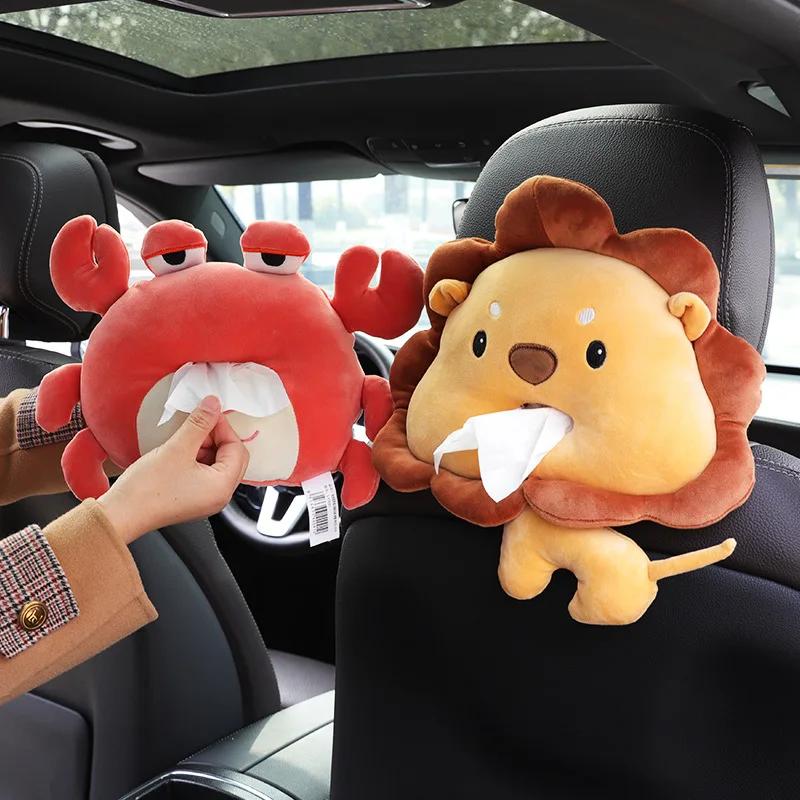 Cartoon Animal Car Tissue Box Creative Short Plush Armrest Tissue Box Car Seat Back Hanging Tissue Holder Cute Car Accessories