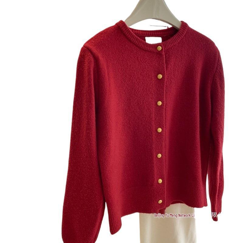 Whitening Raspberry Pink Gold Button Knit Cardigan - Women's Autumn/Winter Korean Style, Soft, Thick, Warm, Round Neck Wool.