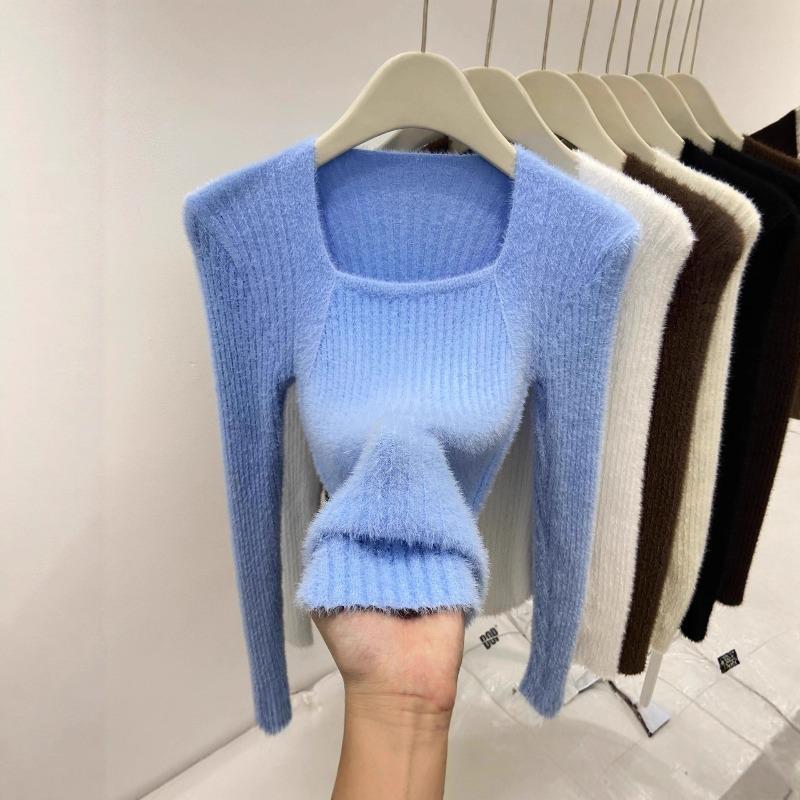 Autumn and Winter Inner Bottoming Shirt Slim Top Solid Color Irregular Square Neck Mink Fleece Sweater Knitted Sweater