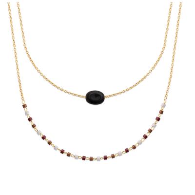 [R1107] - Vergoldete 'Boho'-Halskette mit goldenem schwarzem Achat (2 Reihen) - 8x6 mm