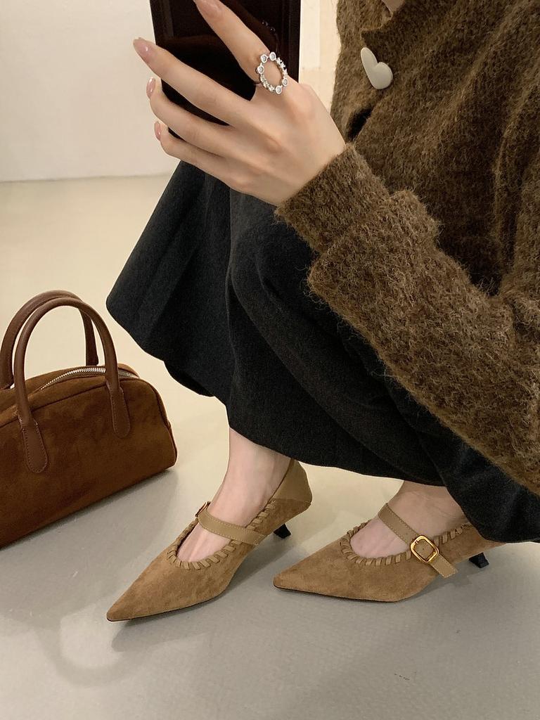 Temperamentvolle Damen-Pumps aus französischem Wildleder mit Spleißung, Herbst 2025 neu, vielseitig, Stiletto, spitz, mit einem Knopf, hohe Absätze