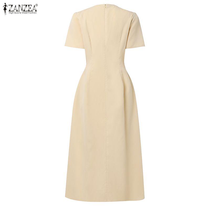 ZANZEA Women Casual Round Neck Solid Color Elegant Short Sleeve Dress