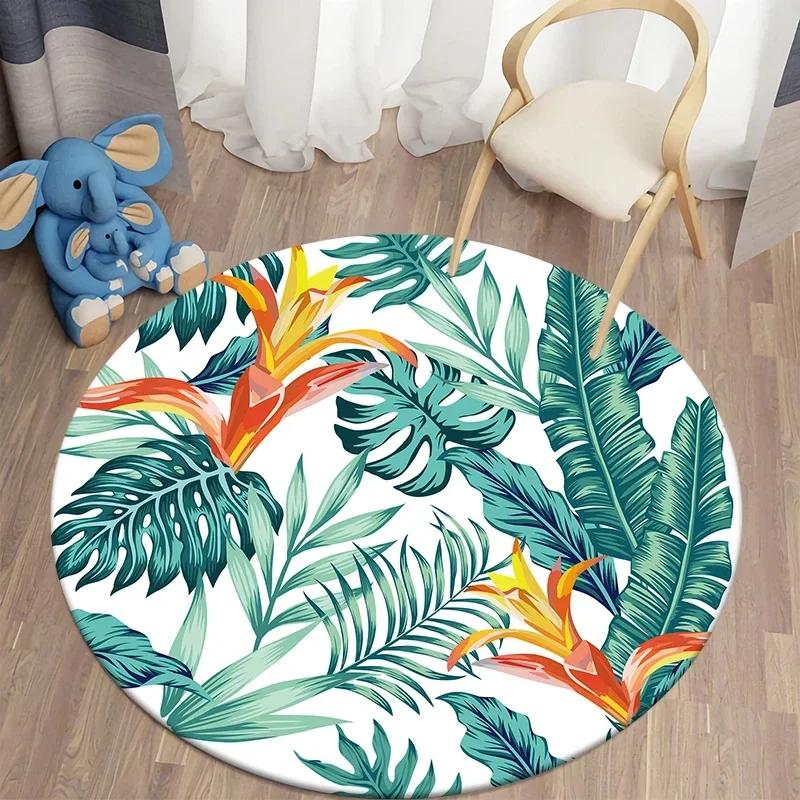 Hawaiian Tropical Leaves Round Carpet Living Room Chair Floor Mat Non-Slip Area Rug for Balcony Table Bedside Sofa Home Decor