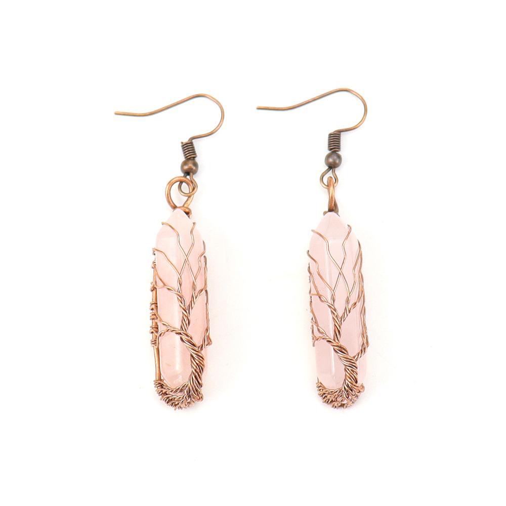 

Tiktok Live Stream Hand-Wound Crystal Natural Stone Hexagonal Column Hexagonal Prism Tree Of Life Earrings Earrings E41 розовый кварц